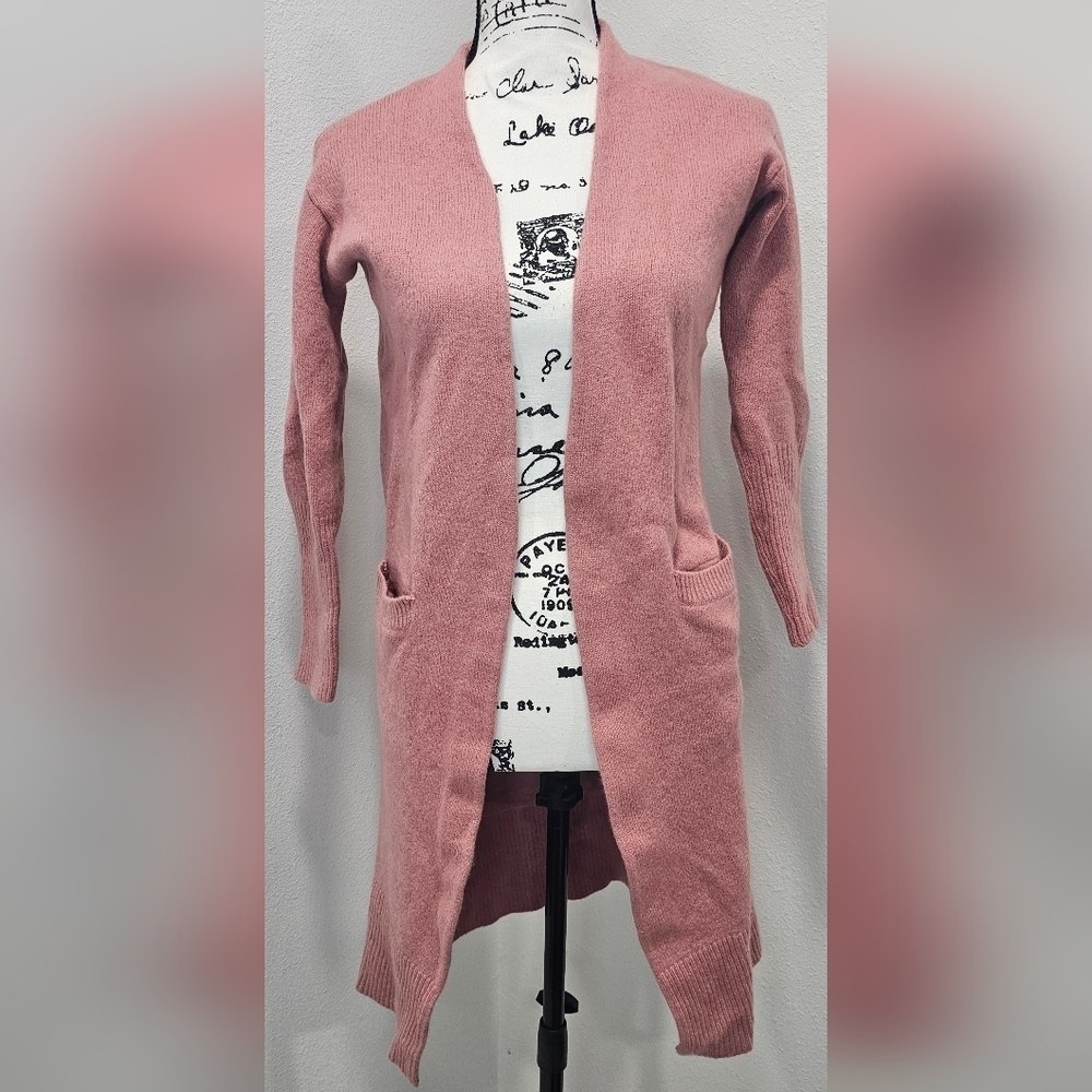 Halogen Women's Pink Front Open Cashmere Wool Long Cardigan with Pockets Small